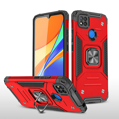 Funda Bumper Silicona y Plastico Mate Carcasa con Magnetico Anillo de dedo Soporte MQ1 para Xiaomi Redmi 9C NFC Rojo