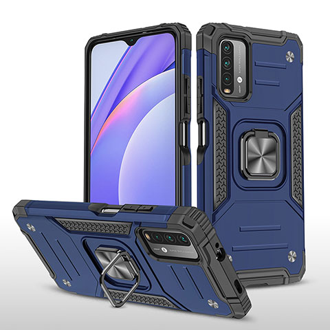 Funda Bumper Silicona y Plastico Mate Carcasa con Magnetico Anillo de dedo Soporte MQ1 para Xiaomi Redmi 9T 4G Azul