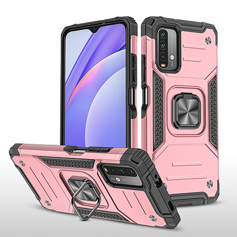 Funda Bumper Silicona y Plastico Mate Carcasa con Magnetico Anillo de dedo Soporte MQ1 para Xiaomi Redmi 9T 4G Oro Rosa