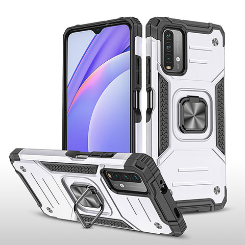 Funda Bumper Silicona y Plastico Mate Carcasa con Magnetico Anillo de dedo Soporte MQ1 para Xiaomi Redmi 9T 4G Plata