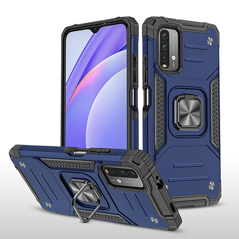 Funda Bumper Silicona y Plastico Mate Carcasa con Magnetico Anillo de dedo Soporte MQ1 para Xiaomi Redmi Note 9 4G Azul