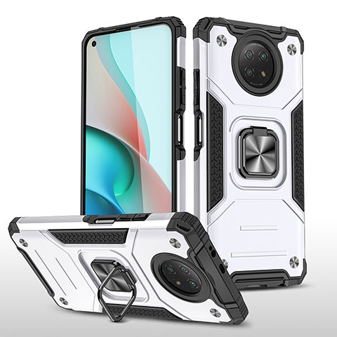 Funda Bumper Silicona y Plastico Mate Carcasa con Magnetico Anillo de dedo Soporte MQ1 para Xiaomi Redmi Note 9 5G Plata