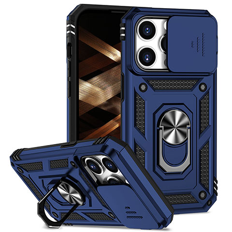 Funda Bumper Silicona y Plastico Mate Carcasa con Magnetico Anillo de dedo Soporte MQ2 para Apple iPhone 13 Pro Azul