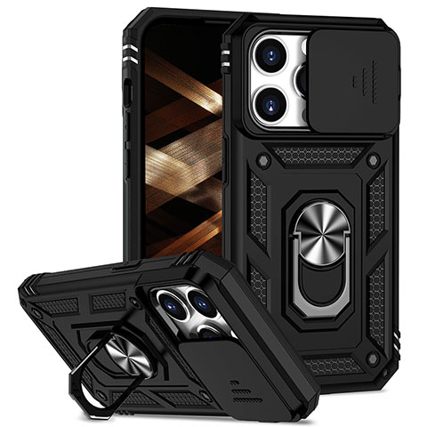 Funda Bumper Silicona y Plastico Mate Carcasa con Magnetico Anillo de dedo Soporte MQ2 para Apple iPhone 14 Pro Max Negro