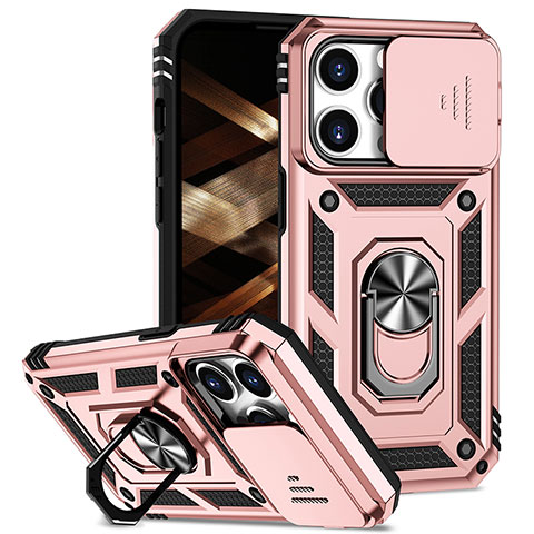 Funda Bumper Silicona y Plastico Mate Carcasa con Magnetico Anillo de dedo Soporte MQ2 para Apple iPhone 14 Pro Max Oro Rosa