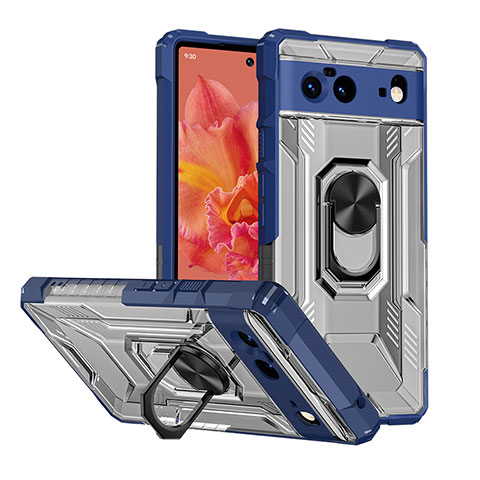 Funda Bumper Silicona y Plastico Mate Carcasa con Magnetico Anillo de dedo Soporte MQ2 para Google Pixel 6 5G Azul