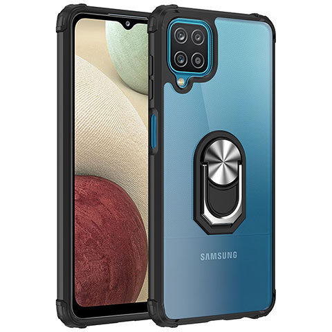 Funda Bumper Silicona y Plastico Mate Carcasa con Magnetico Anillo de dedo Soporte MQ2 para Samsung Galaxy A12 5G Plata y Negro