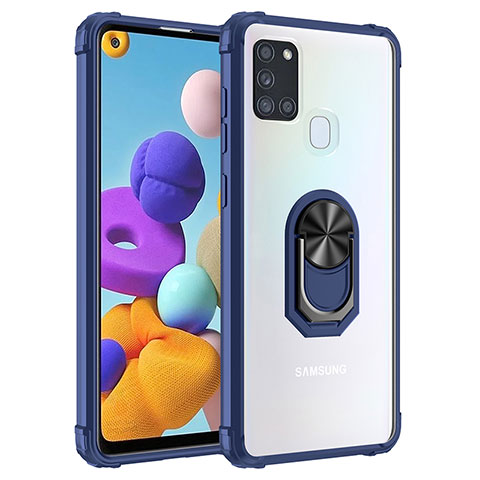 Funda Bumper Silicona y Plastico Mate Carcasa con Magnetico Anillo de dedo Soporte MQ2 para Samsung Galaxy A21s Azul