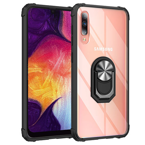 Funda Bumper Silicona y Plastico Mate Carcasa con Magnetico Anillo de dedo Soporte MQ2 para Samsung Galaxy A50 Plata y Negro