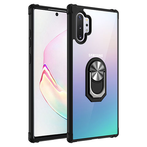 Funda Bumper Silicona y Plastico Mate Carcasa con Magnetico Anillo de dedo Soporte MQ2 para Samsung Galaxy Note 10 Plus 5G Plata y Negro