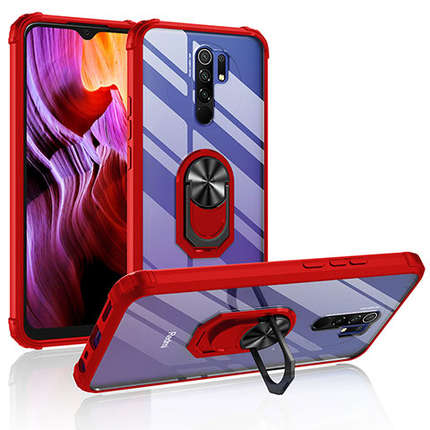 Funda Bumper Silicona y Plastico Mate Carcasa con Magnetico Anillo de dedo Soporte MQ2 para Xiaomi Redmi 9 Prime India Rojo