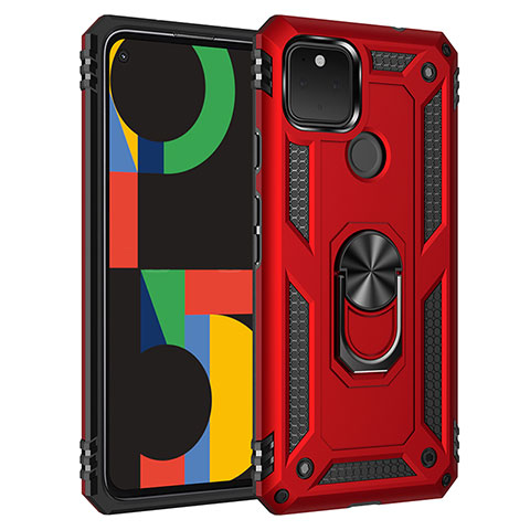 Funda Bumper Silicona y Plastico Mate Carcasa con Magnetico Anillo de dedo Soporte MQ3 para Google Pixel 4a 5G Rojo