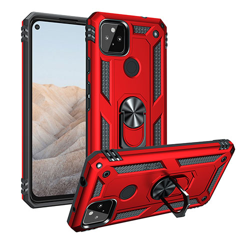 Funda Bumper Silicona y Plastico Mate Carcasa con Magnetico Anillo de dedo Soporte MQ3 para Google Pixel 5a 5G Rojo