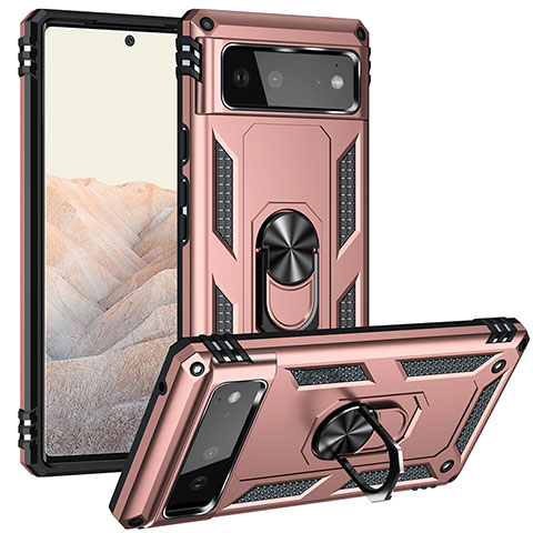 Funda Bumper Silicona y Plastico Mate Carcasa con Magnetico Anillo de dedo Soporte MQ3 para Google Pixel 6 5G Oro Rosa