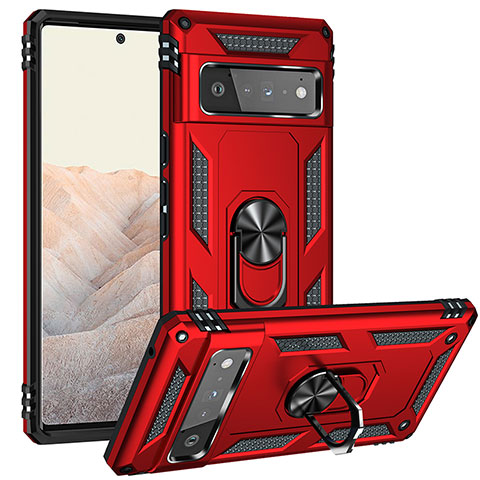 Funda Bumper Silicona y Plastico Mate Carcasa con Magnetico Anillo de dedo Soporte MQ3 para Google Pixel 6 Pro 5G Rojo