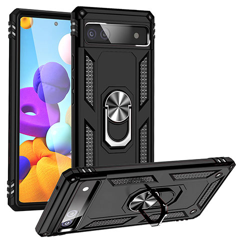 Funda Bumper Silicona y Plastico Mate Carcasa con Magnetico Anillo de dedo Soporte MQ3 para Google Pixel 6a 5G Negro