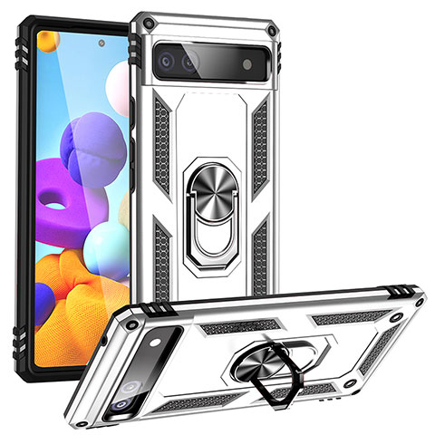 Funda Bumper Silicona y Plastico Mate Carcasa con Magnetico Anillo de dedo Soporte MQ3 para Google Pixel 6a 5G Plata