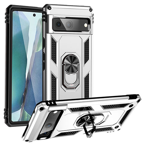 Funda Bumper Silicona y Plastico Mate Carcasa con Magnetico Anillo de dedo Soporte MQ3 para Google Pixel 7 5G Plata