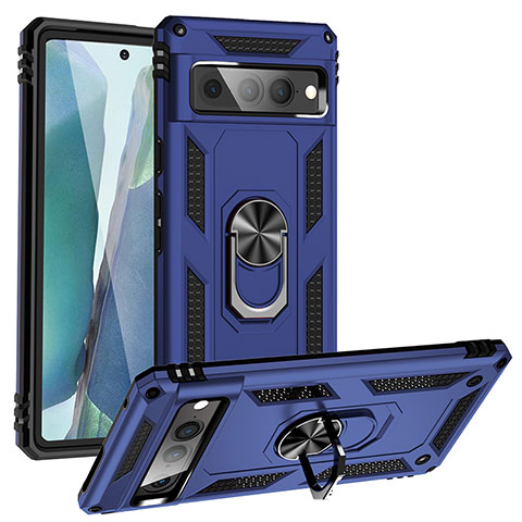 Funda Bumper Silicona y Plastico Mate Carcasa con Magnetico Anillo de dedo Soporte MQ3 para Google Pixel 7 Pro 5G Azul