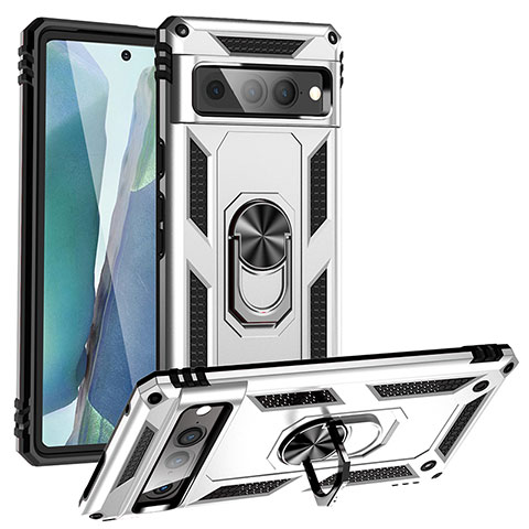 Funda Bumper Silicona y Plastico Mate Carcasa con Magnetico Anillo de dedo Soporte MQ3 para Google Pixel 7 Pro 5G Plata