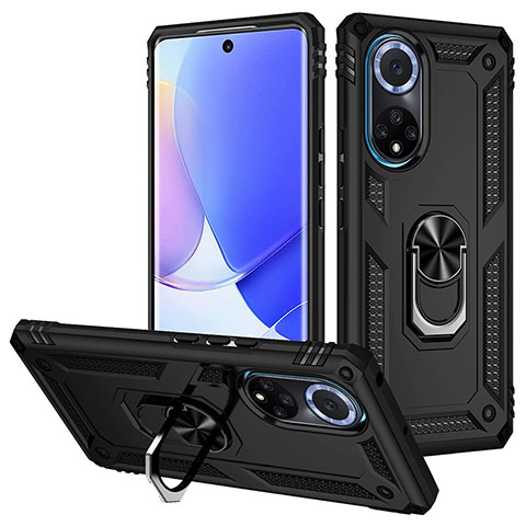 Funda Bumper Silicona y Plastico Mate Carcasa con Magnetico Anillo de dedo Soporte MQ3 para Huawei Nova 9 Negro