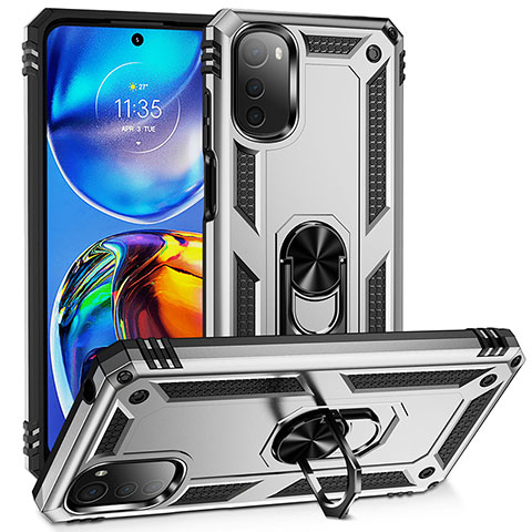 Funda Bumper Silicona y Plastico Mate Carcasa con Magnetico Anillo de dedo Soporte MQ3 para Motorola Moto E32 Plata