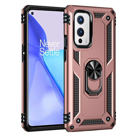 Funda Bumper Silicona y Plastico Mate Carcasa con Magnetico Anillo de dedo Soporte MQ3 para OnePlus 9 5G Oro Rosa