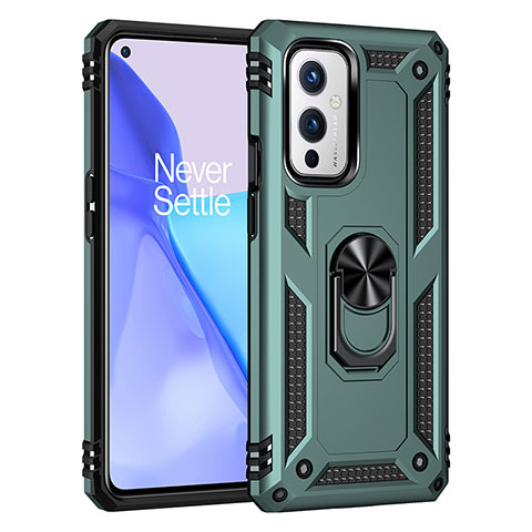 Funda Bumper Silicona y Plastico Mate Carcasa con Magnetico Anillo de dedo Soporte MQ3 para OnePlus 9 5G Verde