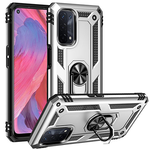 Funda Bumper Silicona y Plastico Mate Carcasa con Magnetico Anillo de dedo Soporte MQ3 para Oppo A74 5G Plata