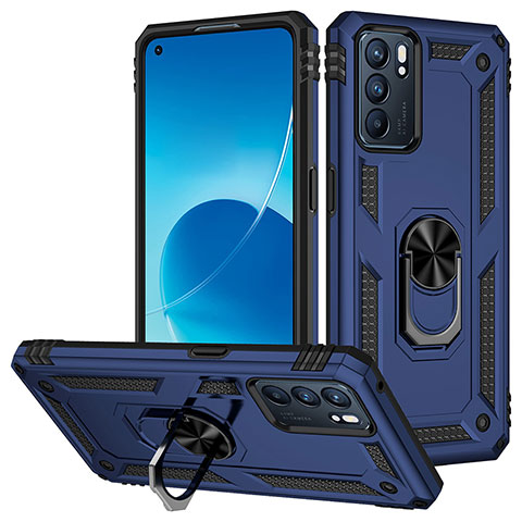 Funda Bumper Silicona y Plastico Mate Carcasa con Magnetico Anillo de dedo Soporte MQ3 para Oppo Reno6 5G Azul