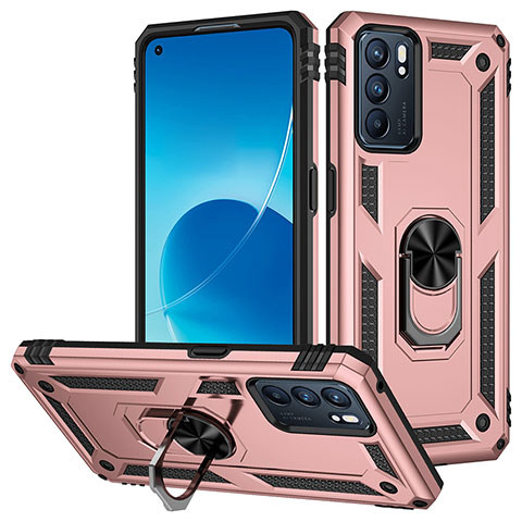 Funda Bumper Silicona y Plastico Mate Carcasa con Magnetico Anillo de dedo Soporte MQ3 para Oppo Reno6 5G Oro Rosa