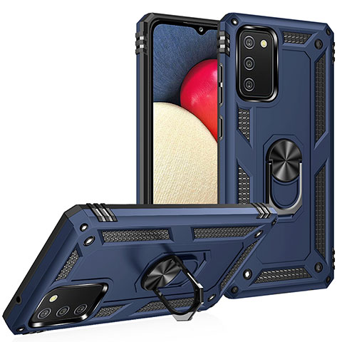 Funda Bumper Silicona y Plastico Mate Carcasa con Magnetico Anillo de dedo Soporte MQ3 para Samsung Galaxy A03s Azul