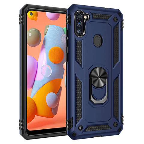 Funda Bumper Silicona y Plastico Mate Carcasa con Magnetico Anillo de dedo Soporte MQ3 para Samsung Galaxy A11 Azul