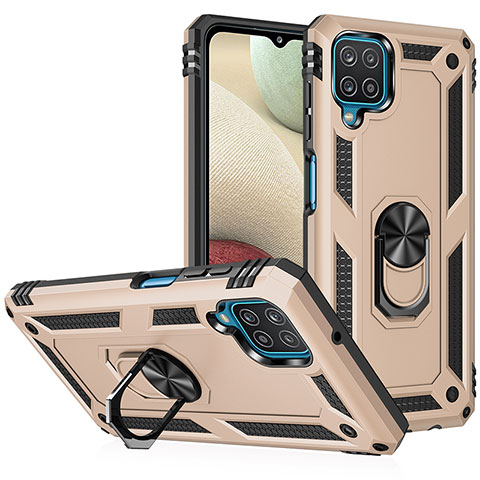 Funda Bumper Silicona y Plastico Mate Carcasa con Magnetico Anillo de dedo Soporte MQ3 para Samsung Galaxy A12 Oro