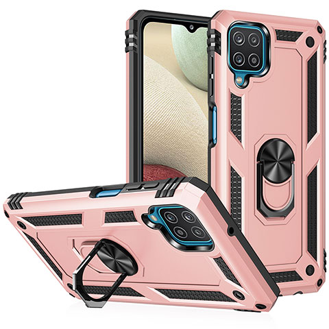 Funda Bumper Silicona y Plastico Mate Carcasa con Magnetico Anillo de dedo Soporte MQ3 para Samsung Galaxy A12 Oro Rosa