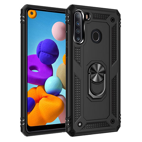 Funda Bumper Silicona y Plastico Mate Carcasa con Magnetico Anillo de dedo Soporte MQ3 para Samsung Galaxy A21 Negro