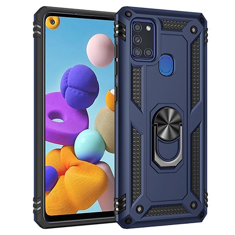 Funda Bumper Silicona y Plastico Mate Carcasa con Magnetico Anillo de dedo Soporte MQ3 para Samsung Galaxy A21s Azul