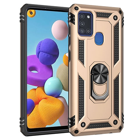 Funda Bumper Silicona y Plastico Mate Carcasa con Magnetico Anillo de dedo Soporte MQ3 para Samsung Galaxy A21s Oro