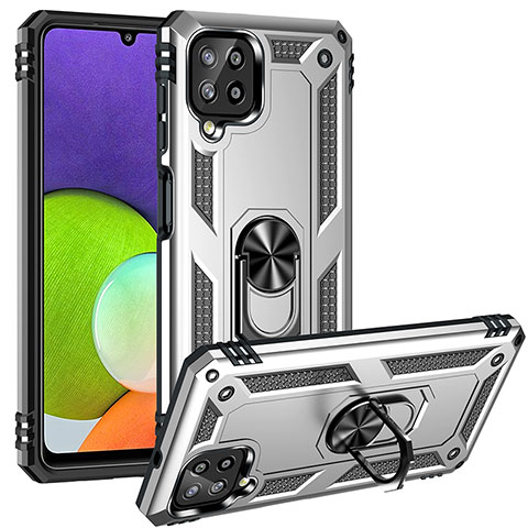 Funda Bumper Silicona y Plastico Mate Carcasa con Magnetico Anillo de dedo Soporte MQ3 para Samsung Galaxy A22 4G Plata