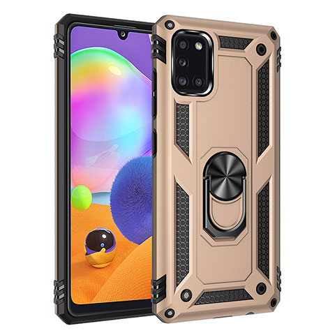 Funda Bumper Silicona y Plastico Mate Carcasa con Magnetico Anillo de dedo Soporte MQ3 para Samsung Galaxy A31 Oro