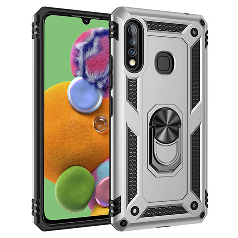 Funda Bumper Silicona y Plastico Mate Carcasa con Magnetico Anillo de dedo Soporte MQ3 para Samsung Galaxy A70E Plata