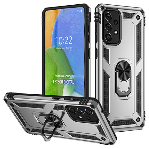 Funda Bumper Silicona y Plastico Mate Carcasa con Magnetico Anillo de dedo Soporte MQ3 para Samsung Galaxy A73 5G Plata