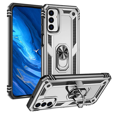 Funda Bumper Silicona y Plastico Mate Carcasa con Magnetico Anillo de dedo Soporte MQ3 para Samsung Galaxy F23 5G Plata