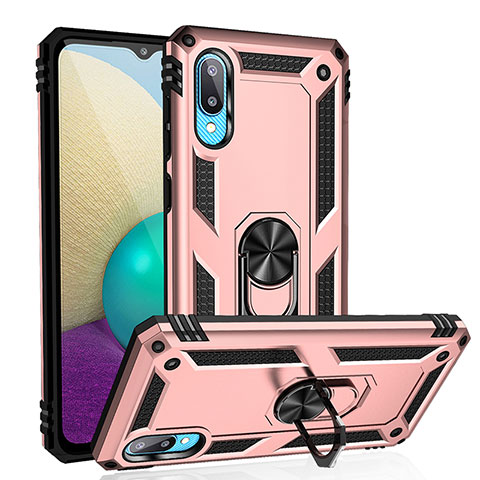 Funda Bumper Silicona y Plastico Mate Carcasa con Magnetico Anillo de dedo Soporte MQ3 para Samsung Galaxy M02 Oro Rosa