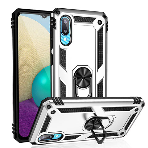 Funda Bumper Silicona y Plastico Mate Carcasa con Magnetico Anillo de dedo Soporte MQ3 para Samsung Galaxy M02 Plata