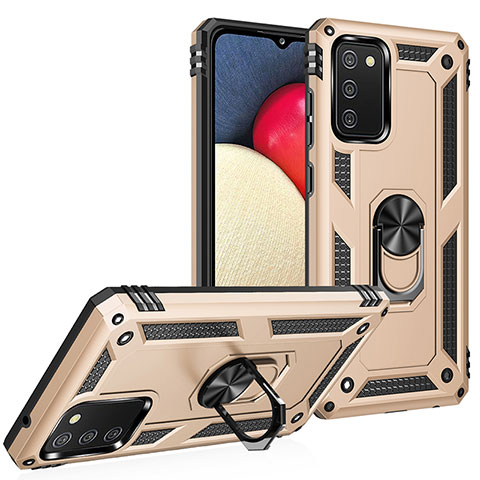 Funda Bumper Silicona y Plastico Mate Carcasa con Magnetico Anillo de dedo Soporte MQ3 para Samsung Galaxy M02s Oro