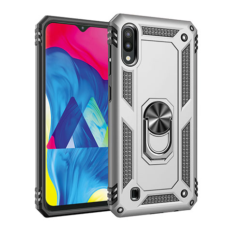 Funda Bumper Silicona y Plastico Mate Carcasa con Magnetico Anillo de dedo Soporte MQ3 para Samsung Galaxy M10 Plata