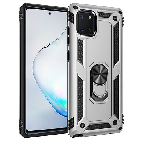 Funda Bumper Silicona y Plastico Mate Carcasa con Magnetico Anillo de dedo Soporte MQ3 para Samsung Galaxy M60s Plata