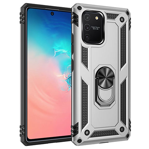 Funda Bumper Silicona y Plastico Mate Carcasa con Magnetico Anillo de dedo Soporte MQ3 para Samsung Galaxy S10 Lite Plata