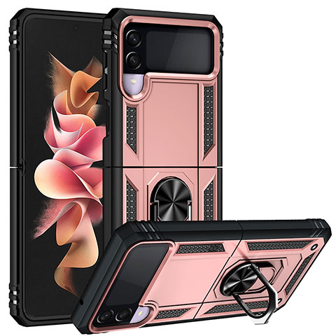 Funda Bumper Silicona y Plastico Mate Carcasa con Magnetico Anillo de dedo Soporte MQ3 para Samsung Galaxy Z Flip3 5G Oro Rosa